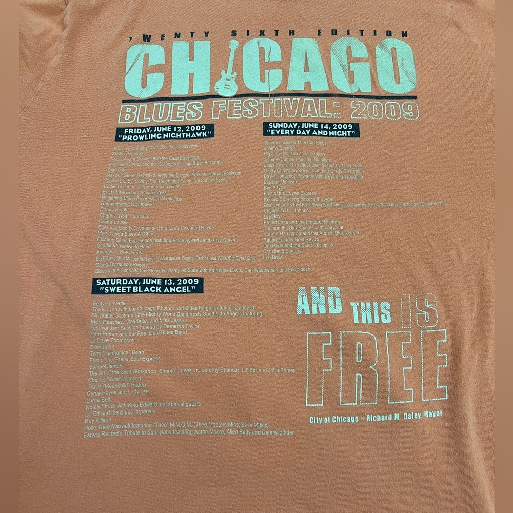2009 Chicago Blues Festival T-Shirt LARGE Orange Bands Listed 2 Sided 26 Edition - Picture 11 of 16